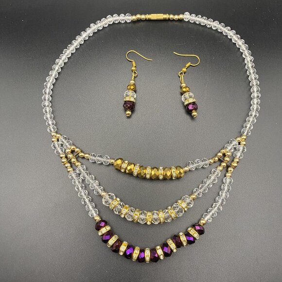 Necklace 16" Choker Gold Tone 3 Strand Beads Purple Dangle  Earrings Bridal Prom - Picture 2 of 6
